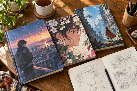 Illustration éditoriale : Albums illustrés et carnet sur une table de librairie