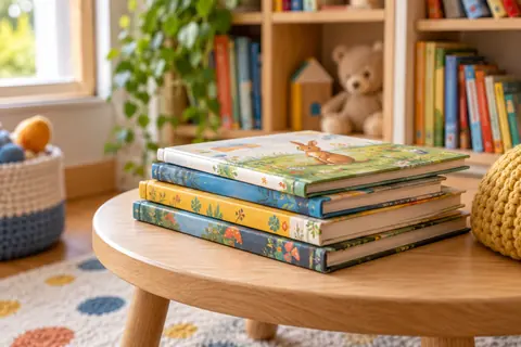 Illustration éditoriale : Albums jeunesse sur une table de lecture