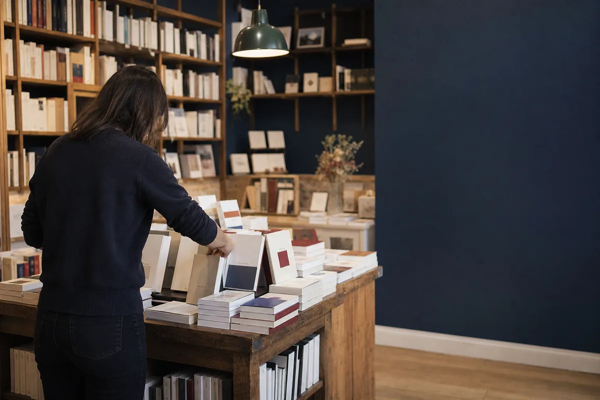 Illustration éditoriale : Libraire préparant une table de nouveautés dans une librairie indépendante
