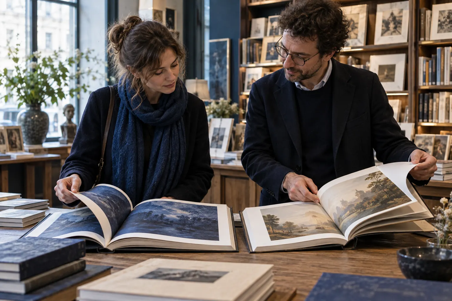 Illustration éditoriale : Lectrice et libraire comparant deux grands livres illustrés ouverts sur une table