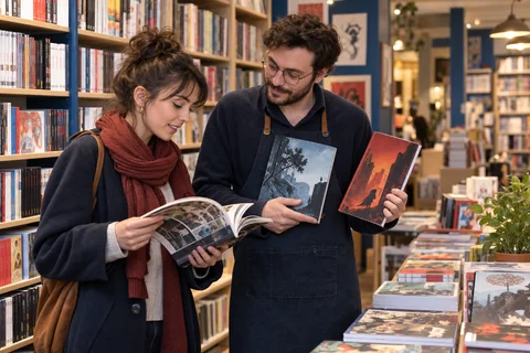 Illustration éditoriale : Libraire conseillant une lectrice dans un rayon de bandes dessinées et mangas