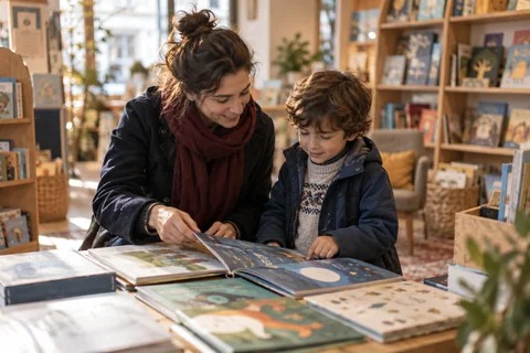 Illustration éditoriale : Adulte et enfant découvrant ensemble des albums dans le rayon jeunesse d’une librairie