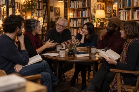 Illustration éditoriale : Petit cercle de lecteurs échangeant autour de livres dans une librairie