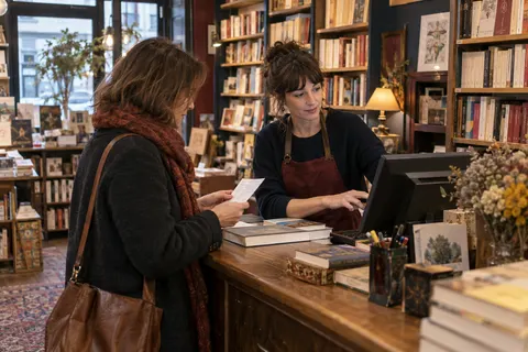 Illustration éditoriale : Libraire aidant une lectrice à commander un ouvrage précis depuis le comptoir d’une librairie indépendante