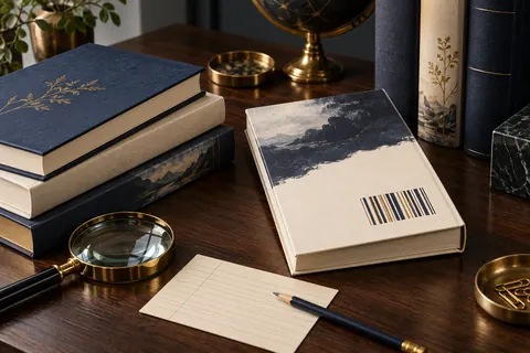 Illustration éditoriale : Livres, code-barres stylisé et loupe servant à expliquer l’identification ISBN