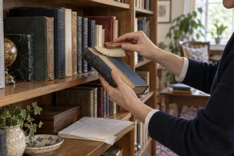 Illustration éditoriale : Main dépoussiérant doucement la tranche d’un livre dans une bibliothèque personnelle