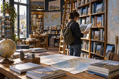 Illustration éditoriale : Lectrice parcourant les rayons et cartes d’une librairie spécialisée dans le voyage