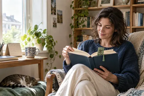 Illustration éditoriale : Lectrice installée près d’une fenêtre avec un livre et un calendrier de lecture