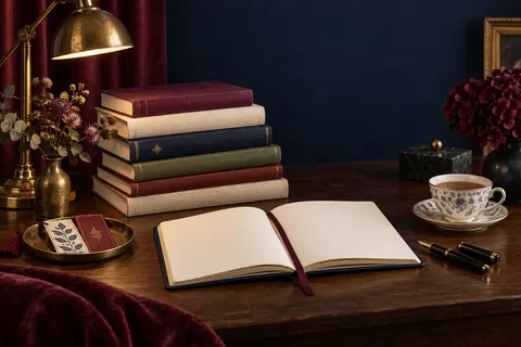 Illustration éditoriale : Carnet de lecture ouvert devant une pile de livres et une lampe en laiton
