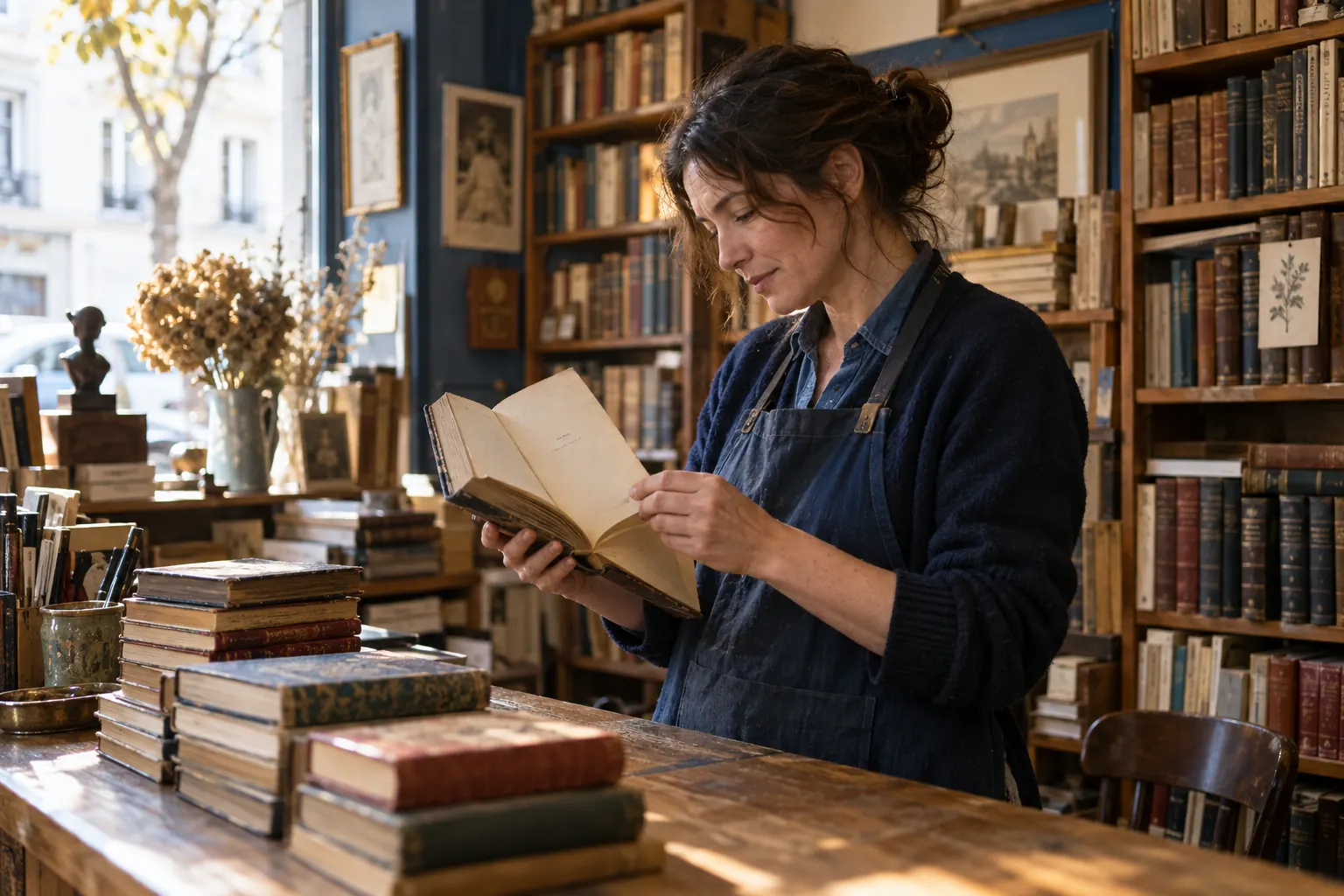 Illustration éditoriale : Libraire examinant la page de titre d’un ouvrage ancien pour aider à retrouver une édition