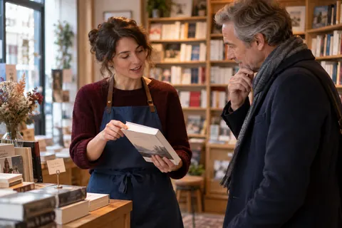 Illustration éditoriale : Libraire expliquant le prix d’un livre neuf à un lecteur dans une librairie indépendante