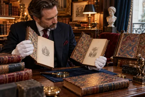 Illustration éditoriale : Libraire d’ancien comparant deux volumes et leurs pages de titre