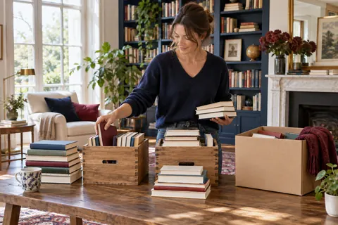 Illustration éditoriale : Lectrice organisant des livres entre piles et caisses dans une bibliothèque lumineuse