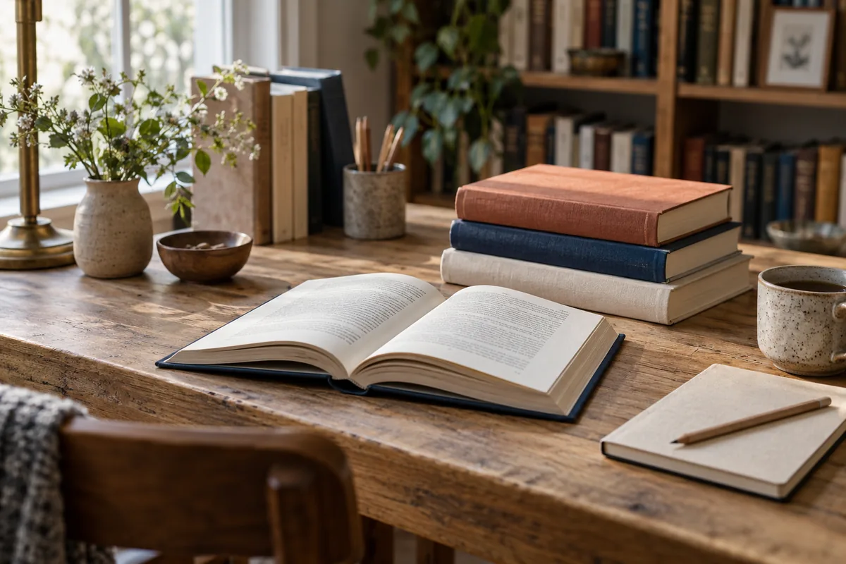 Illustration éditoriale : Livre ouvert, carnet et ouvrages sur une table de lecture — image générée par IA