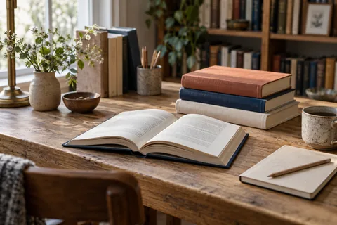 Illustration éditoriale : Lecture et prise de notes dans une scène fictive