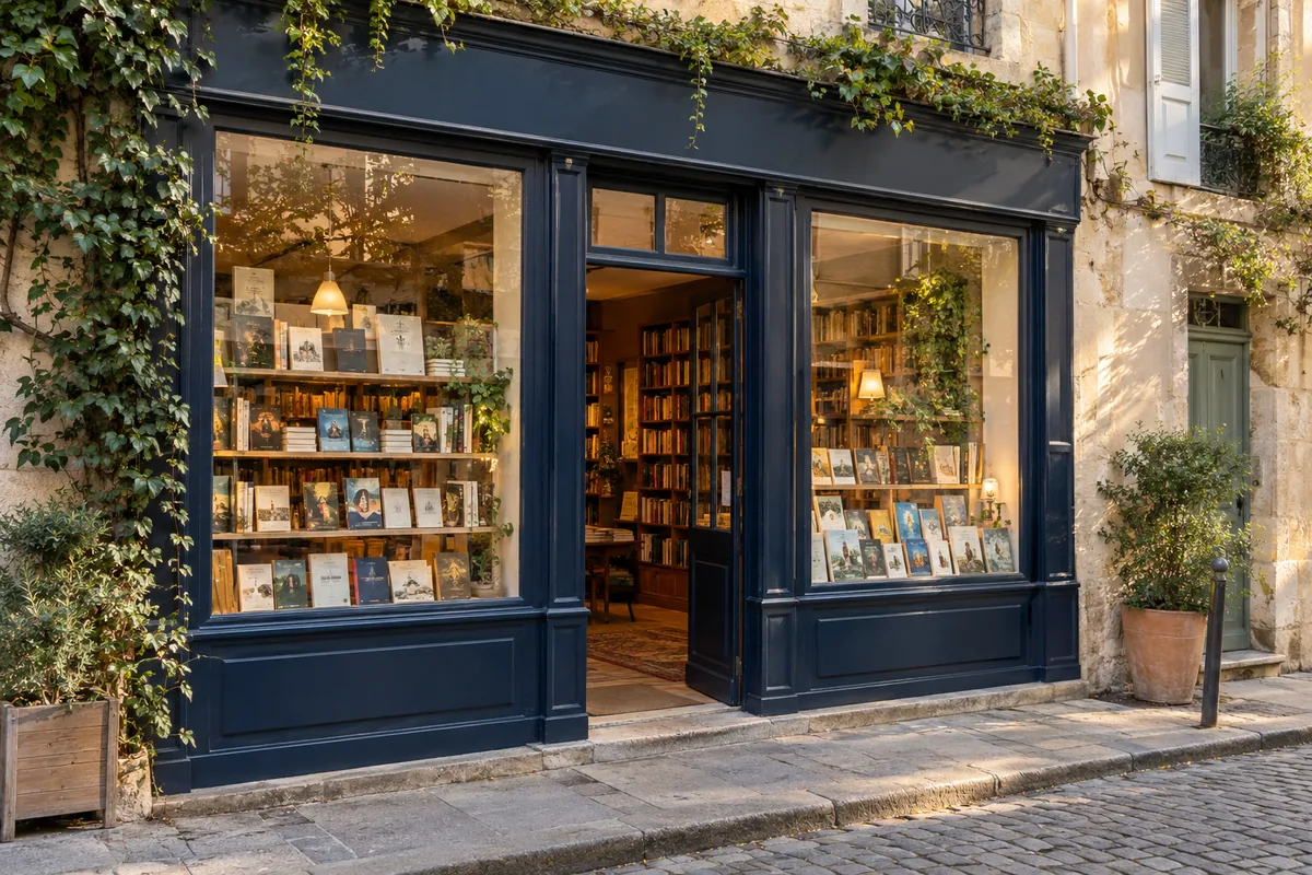 Illustration éditoriale : Façade de librairie fictive aux vitrines remplies de livres — image générée par IA