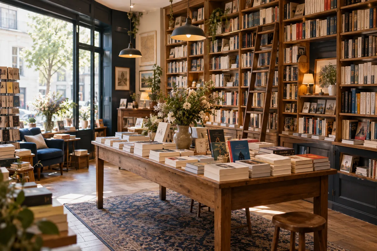 Illustration éditoriale : Intérieur de librairie fictive avec rayonnages en bois et table de livres — image générée par IA