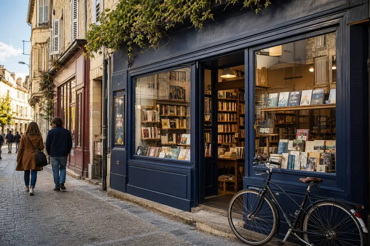 Illustration éditoriale : Façade bleu nuit d’une librairie de quartier dans une rue française