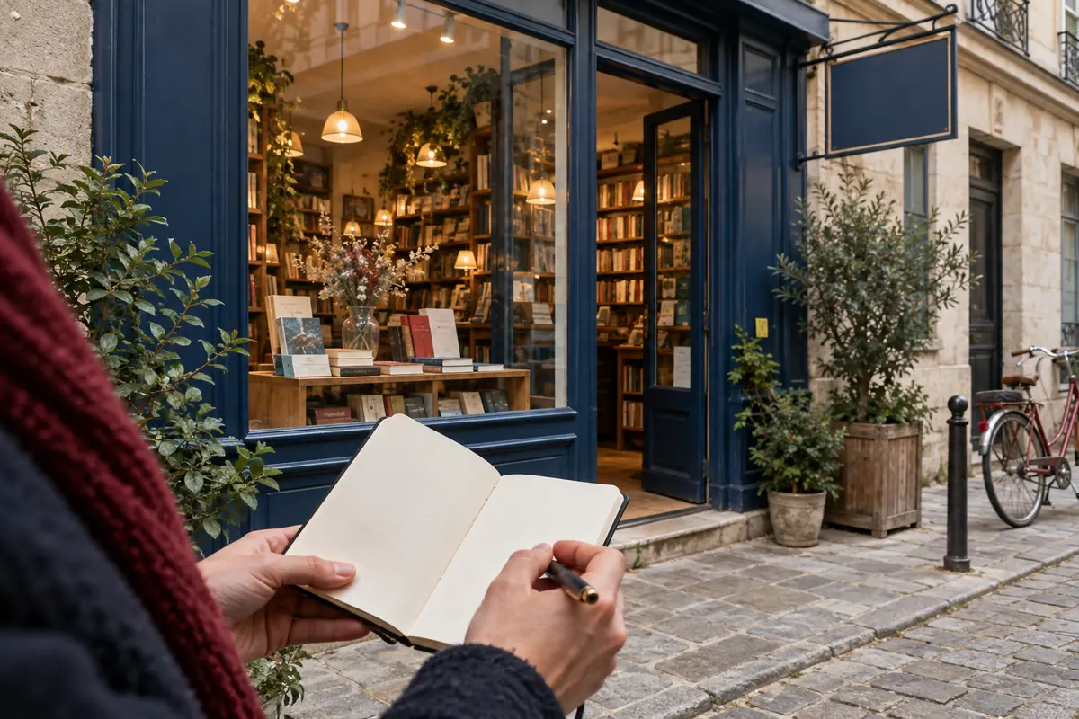 Illustration éditoriale : Lecteur relevant les informations d’une librairie indépendante pour contribuer à l’annuaire