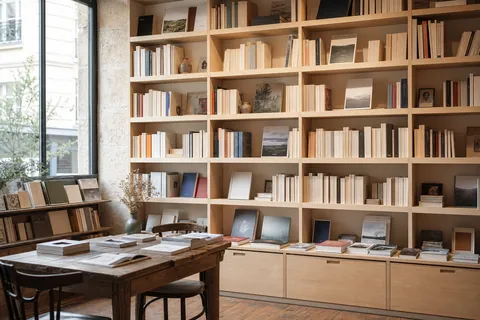 Illustration éditoriale : Livres et rayonnages dans une librairie fictive