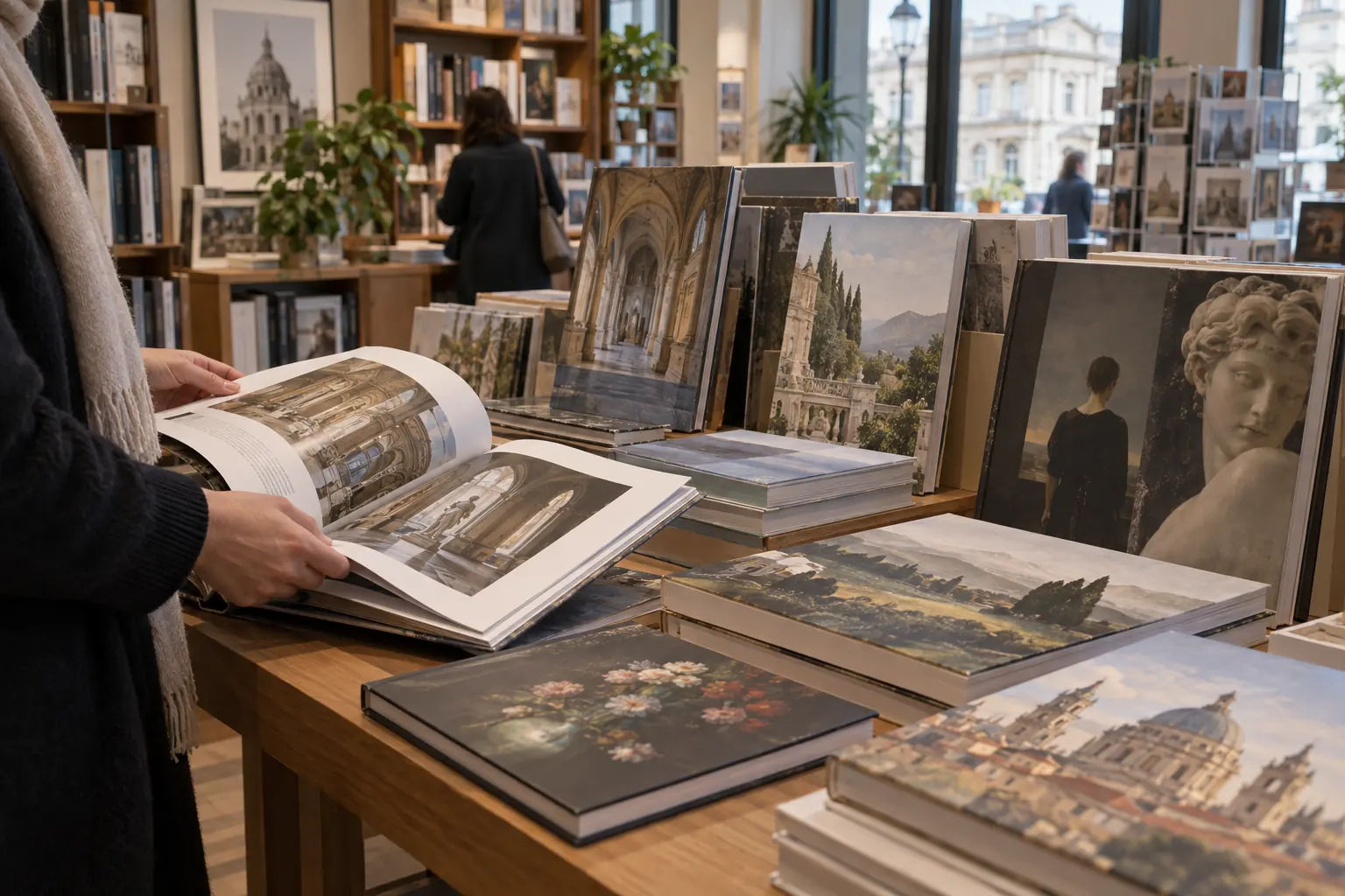 Illustration éditoriale : Livres d’art et catalogues illustrés sur une table de librairie