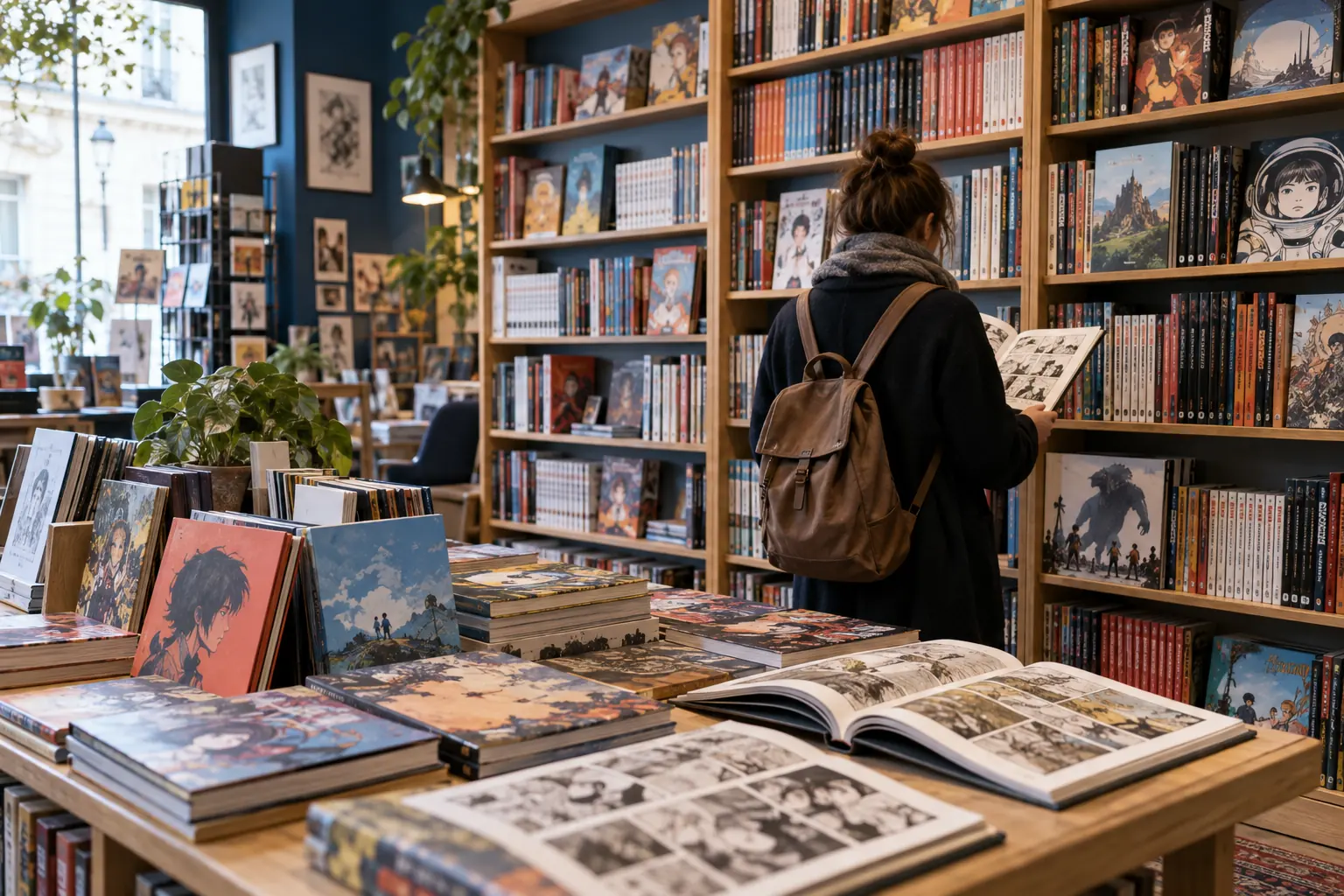 Illustration éditoriale : Rayon de bandes dessinées et mangas dans une librairie