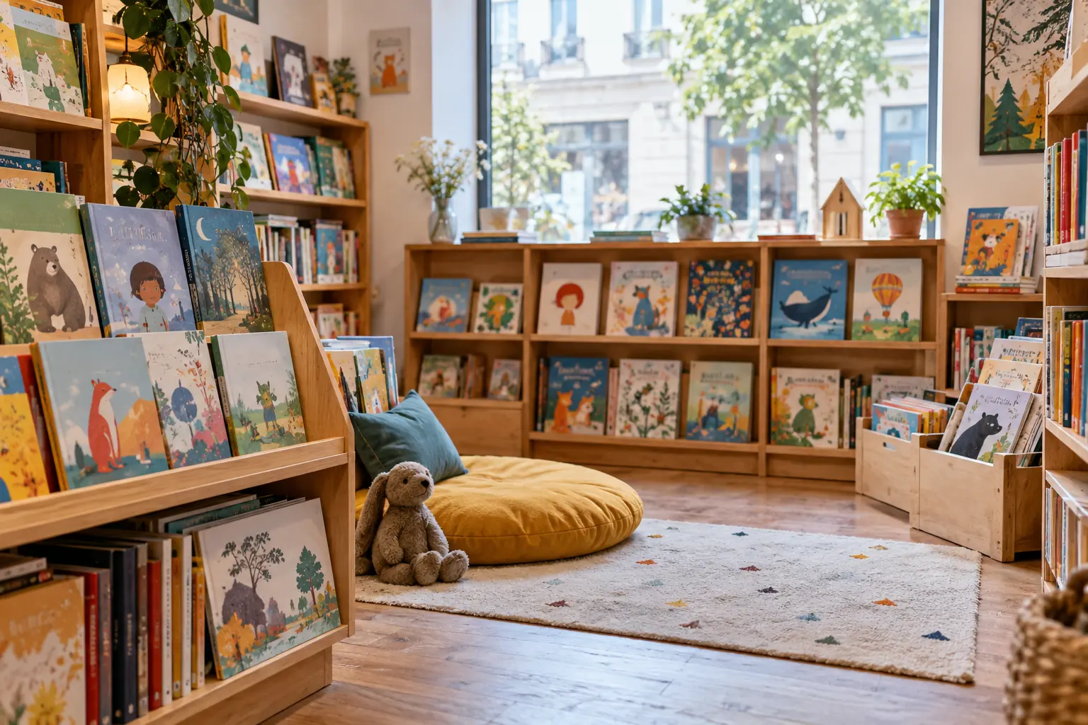 Illustration éditoriale : Rayon d’albums illustrés et de livres jeunesse dans une librairie