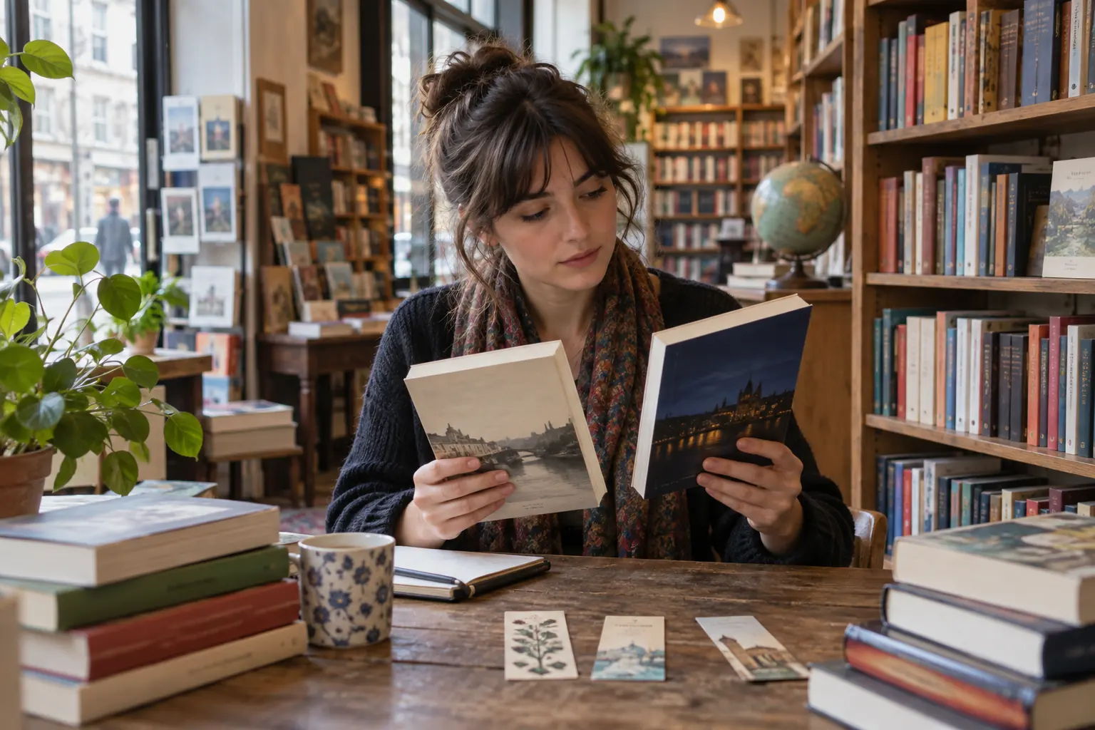 Illustration éditoriale : Lecteur comparant deux éditions de livres en langues originales