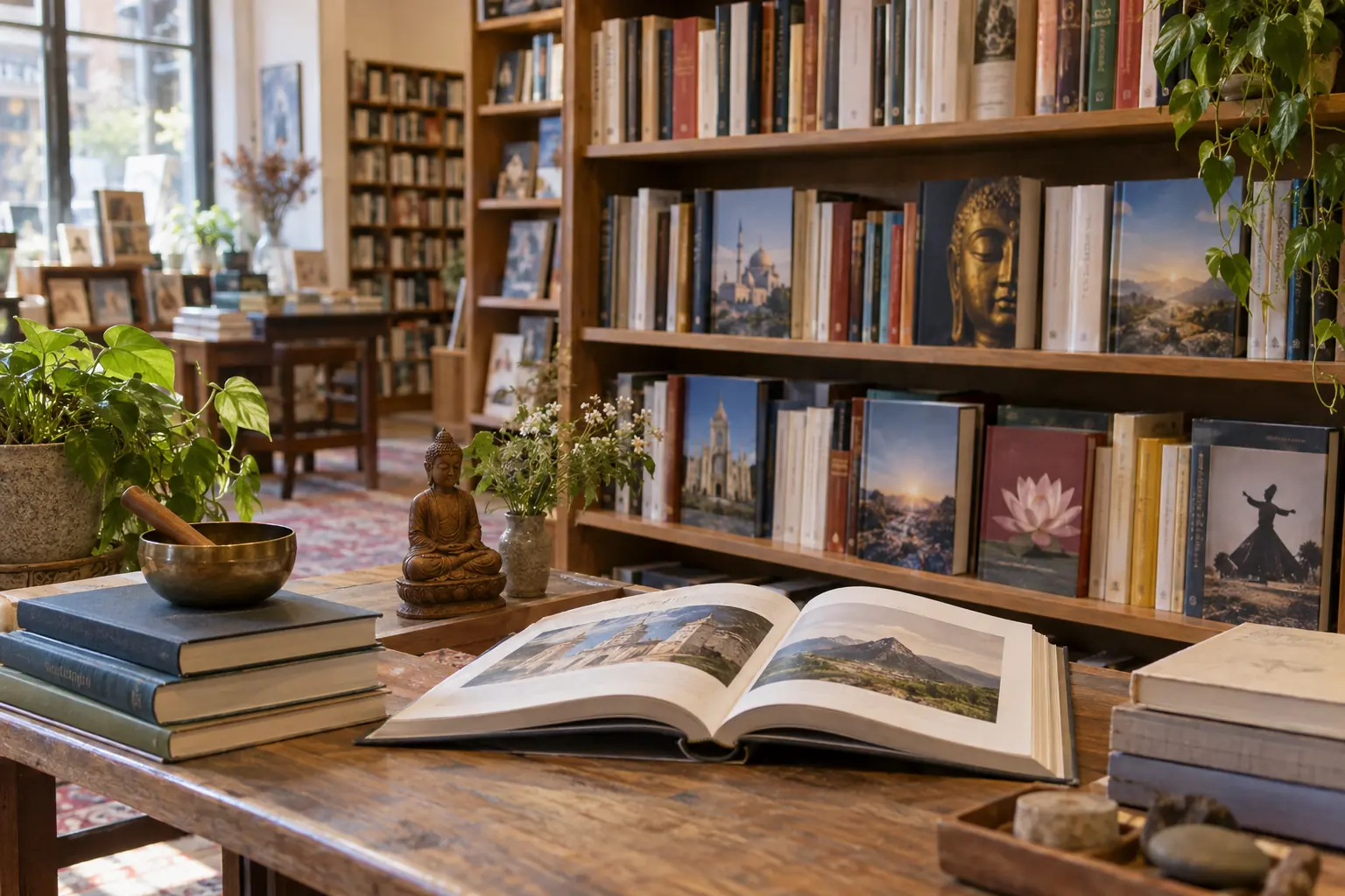 Illustration éditoriale : Livres sur les religions et la spiritualité disposés en librairie