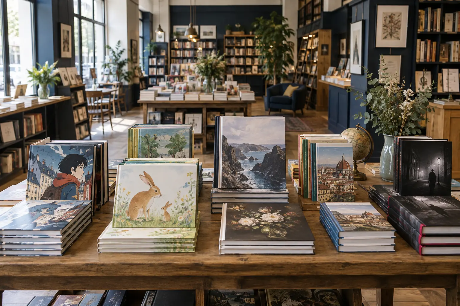 Illustration éditoriale : Table de livres représentant plusieurs spécialités de librairie