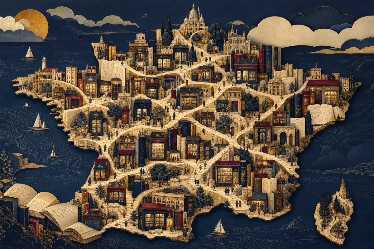 Illustration éditoriale : Panorama illustré des villes et librairies reliées à travers la France